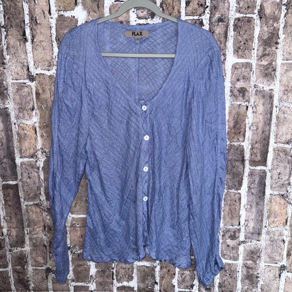FLAX Linen Button Front Tunic Top Lg Textured Blue Gauze Lagenlook Coastal